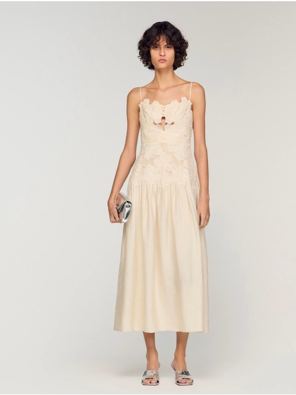 Sandro guipure Lace Bodice Spaghetti Strap Midi Dress in Cream - Picture 1 of 6